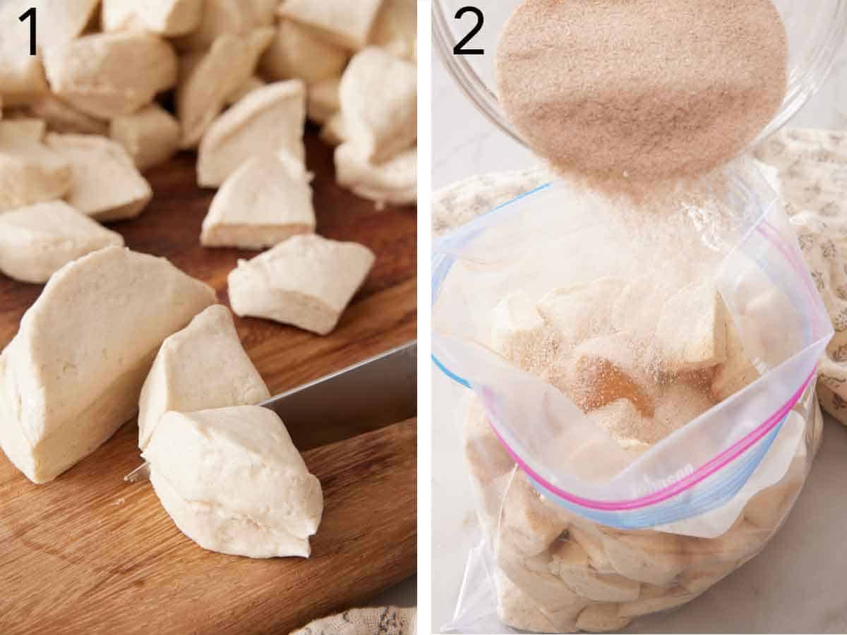 Set of two photos showing biscuit dough cut and coated in cinnamon sugar.
