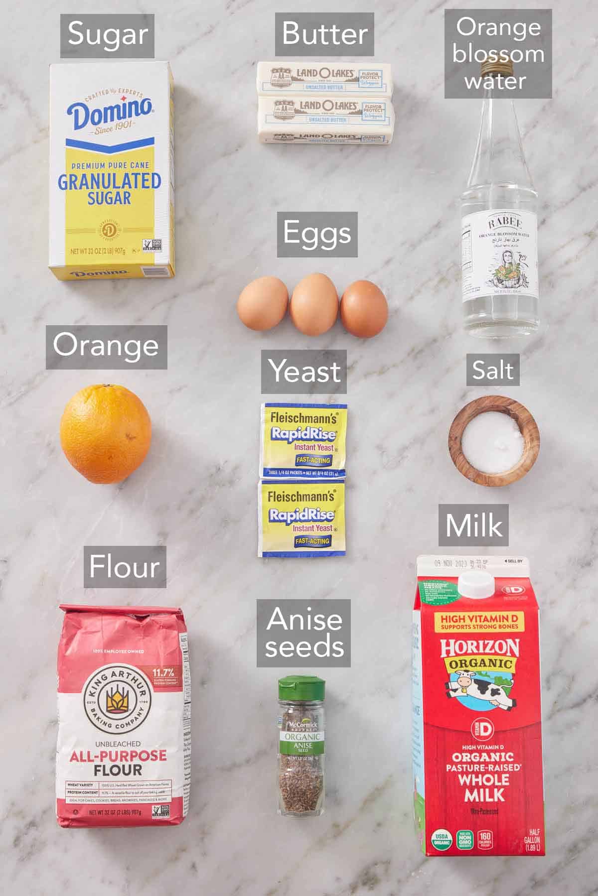 Ingredients needed to make Pan de Muerto.