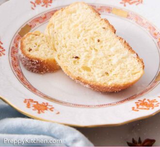 Pinterest graphic of a plate with a slice of Pan de Muerto with a sliced orange in the background.