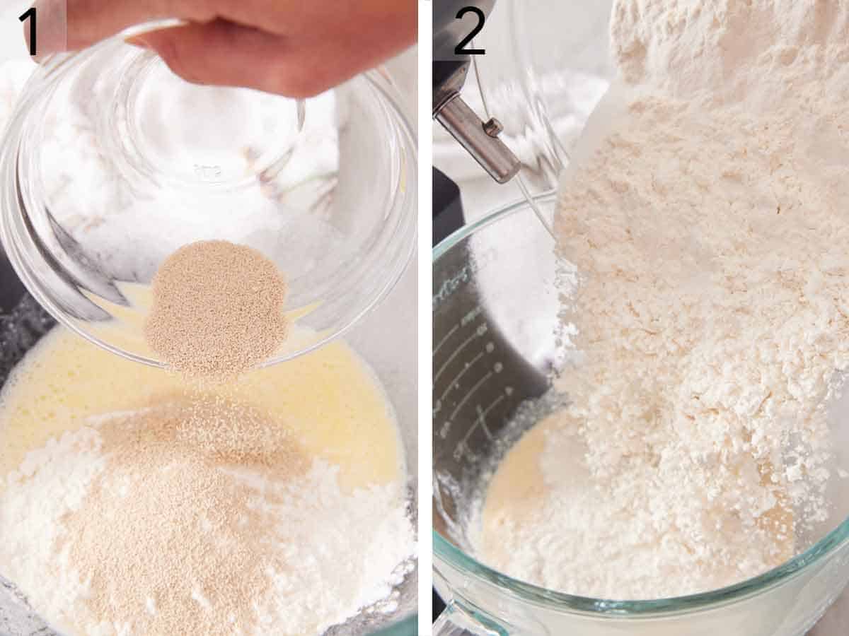 Set of two photos showing yeast added to a bowl with other ingredients then flour added.