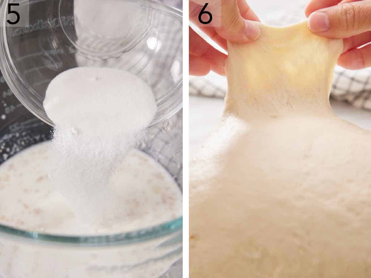 Set of two photos sugar added to the bowl of yeast and the dough going through a windowpane test.