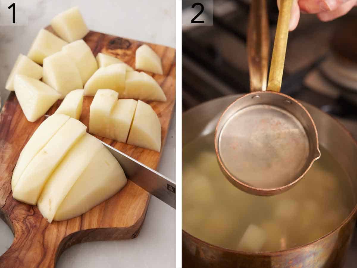Set of two photos potatoes diced and water from cooking the potatoes scooped to reserve.