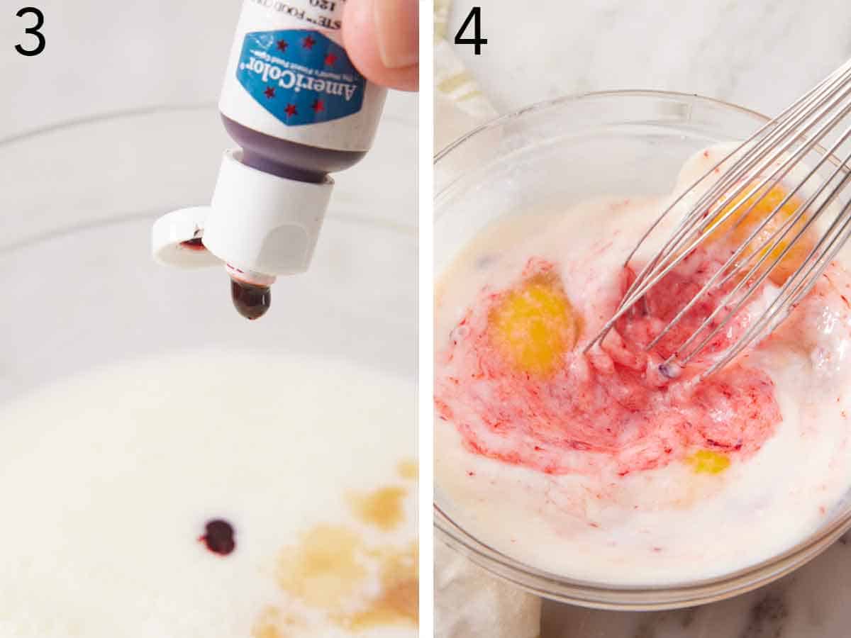 Set of two photos showing red food coloring added to the wet ingredinets and whisked together.