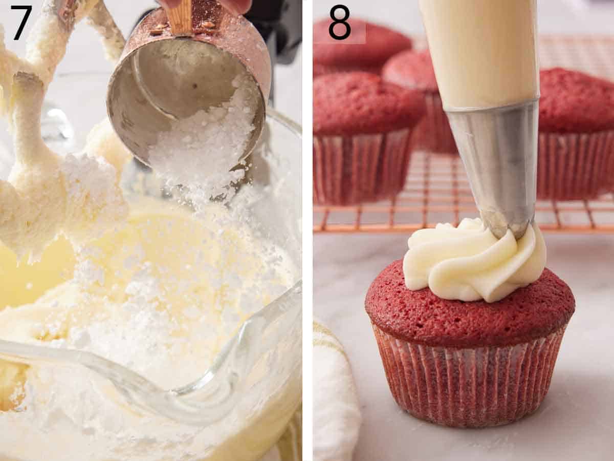 Set of two photos showing powdered sugar added to a mixer to make frosting and piped on top of a cupcake.