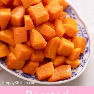 Pinterest graphic of platter of roasted butternut squash.