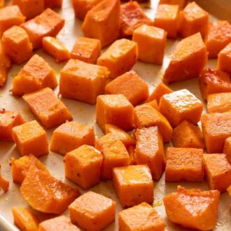 A sheet pan of roasted butternut squash.