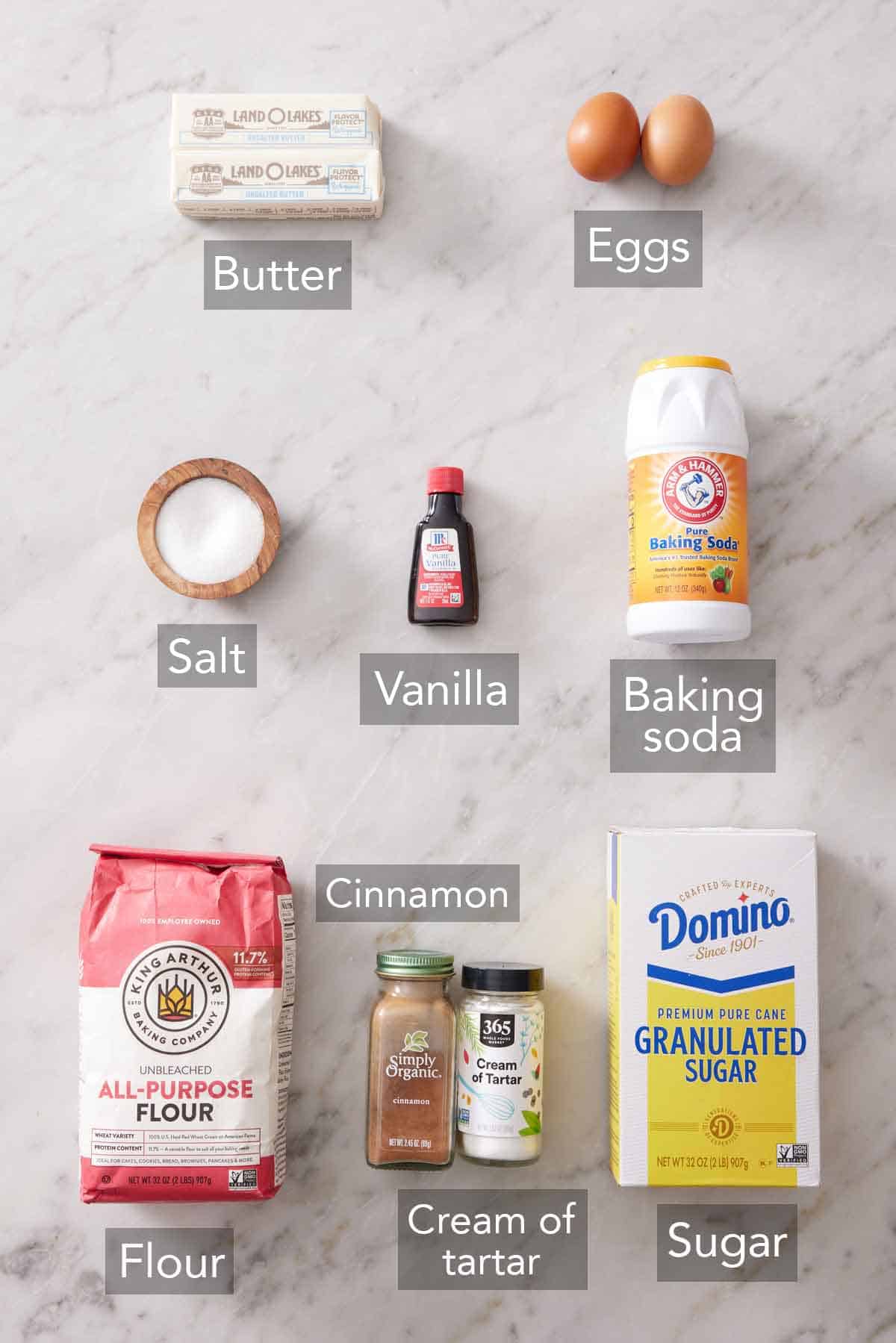 Ingredients needed to make snickerdoodle recipe.