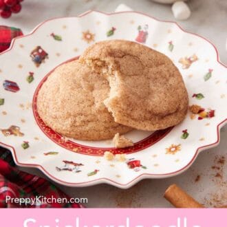 Pinterest graphic of two snickerdoodle cookies on a holiday themed plate with a bite taken out of one.
