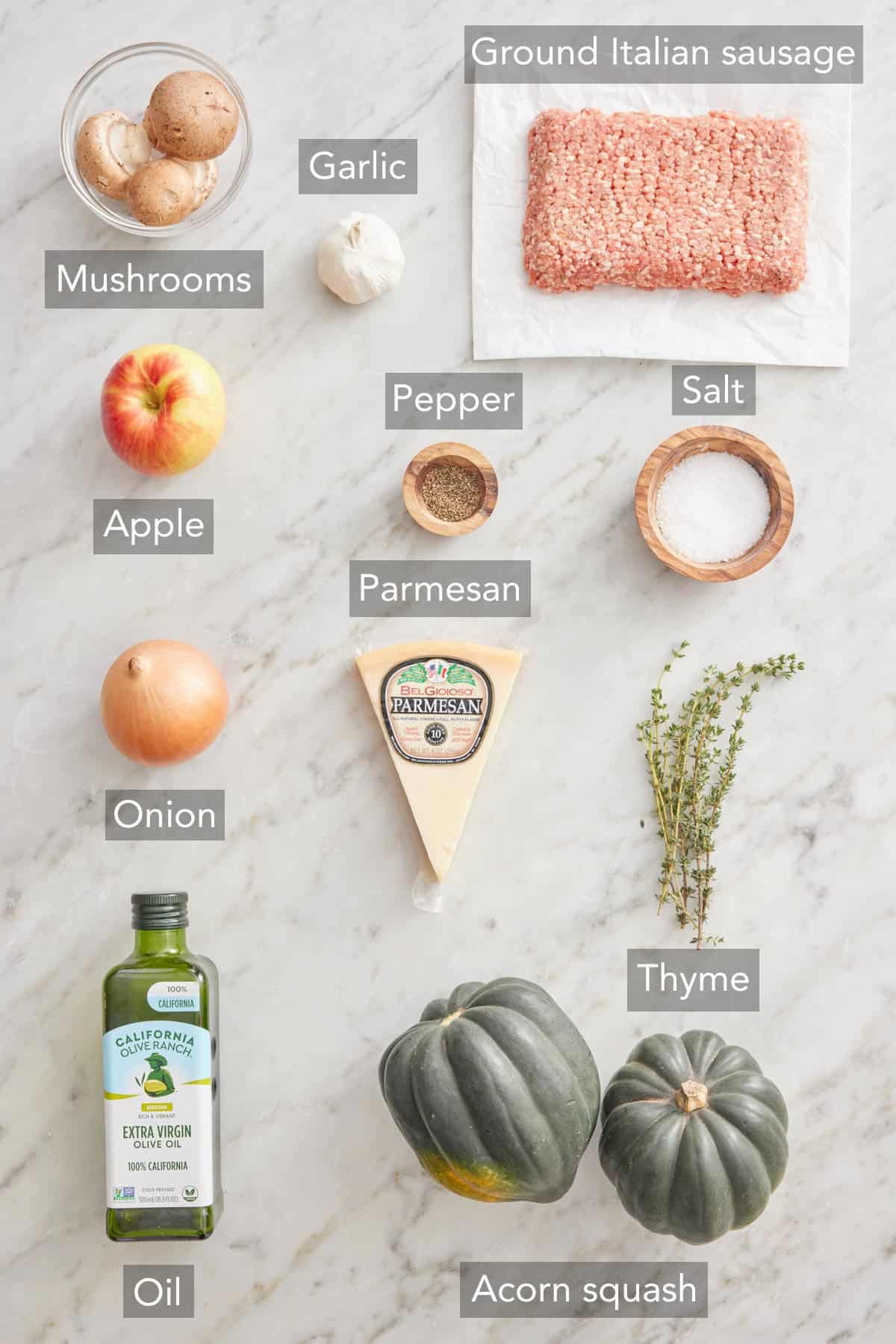 Ingredients needed to make stuffed acorn squash.
