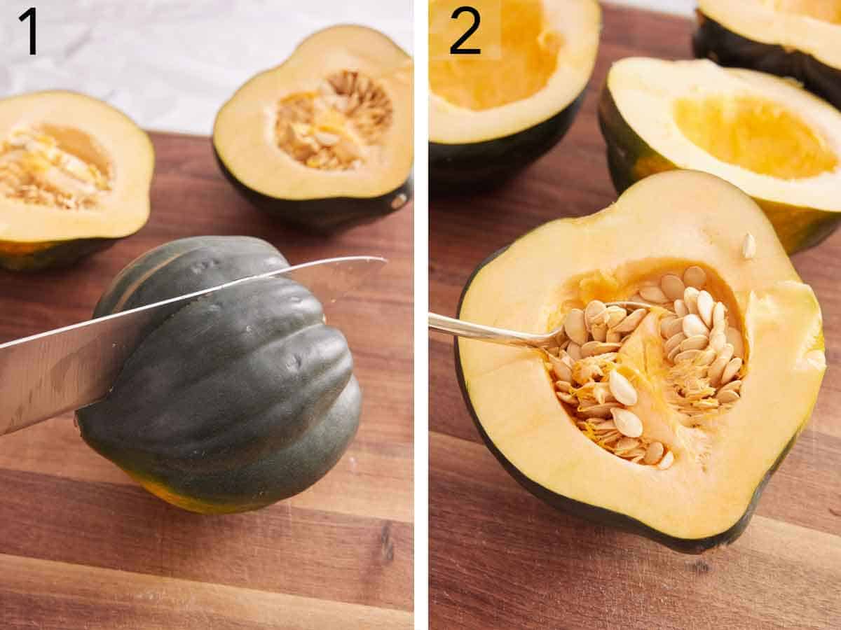 Set of two photos showing an acorn squash cut in half and seeds scooped out.