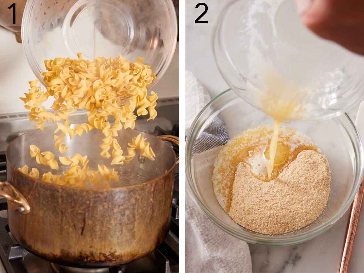 Set of two photos showing egg noodles poured into a pot of water and butter added to a bowl of breadcrumbs.