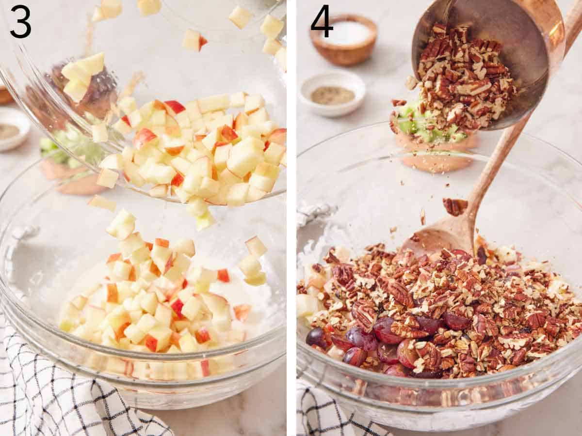 Set of two photos showing diced apples poured into a bowl and chopped pecans added.