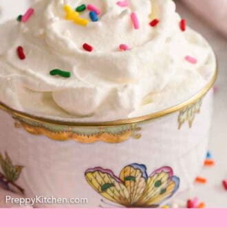 Pinterest graphic of a bowl of whipped cream topped with rainbow sprinkles.