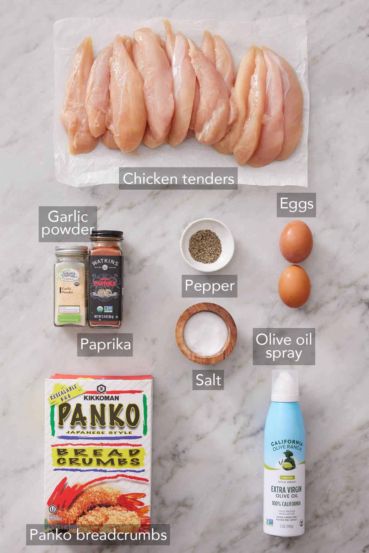 Ingredients needed to make air fryer chicken tenders.