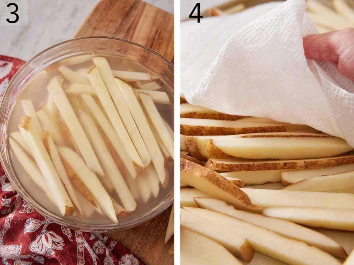 Set of two photos showing potatoes soaked in water and then patted dry.