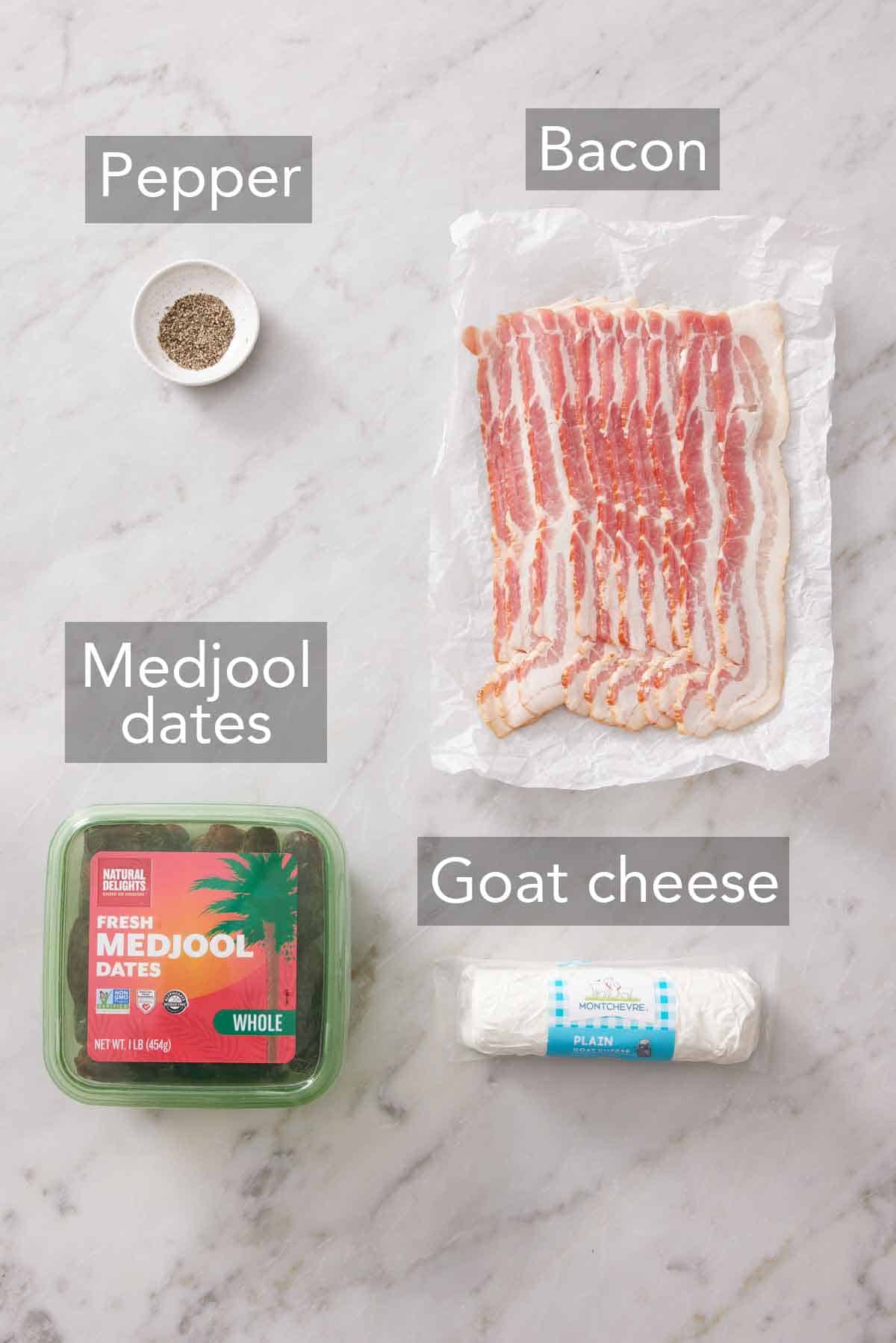 Ingredients needed to make bacon wrapped dates.