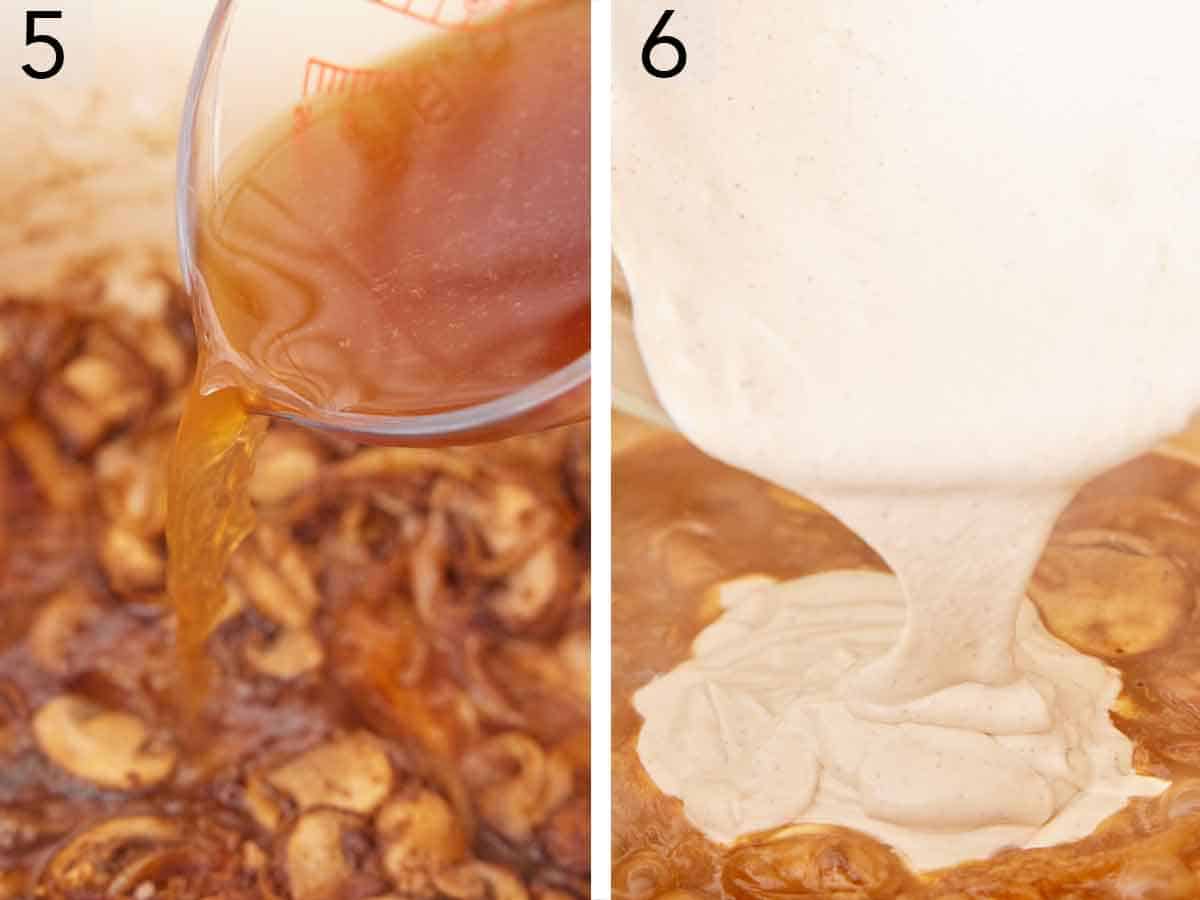 Set of two photos showing beef broth and sour cream mixture added to the skillet.