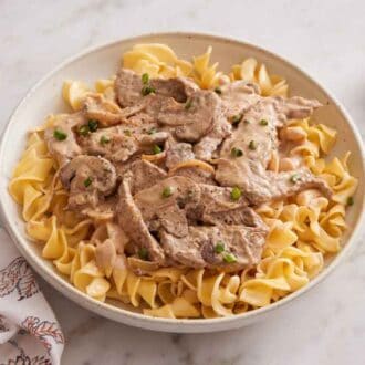 A bowl of beef stroganoff topped with chives with a small bowl of chives off to the side.