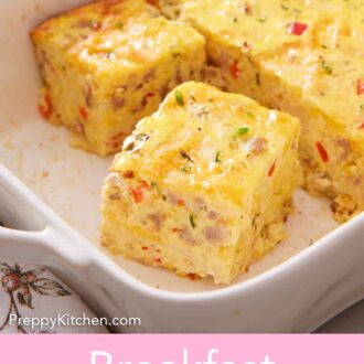 Pinterest graphic of a breakfast casserole in a baking dish with slices cut out.