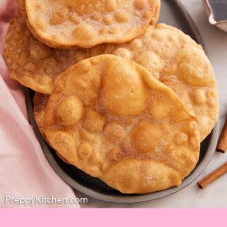 Pinterest graphic of a platter with multiple pieces of bunuelos.