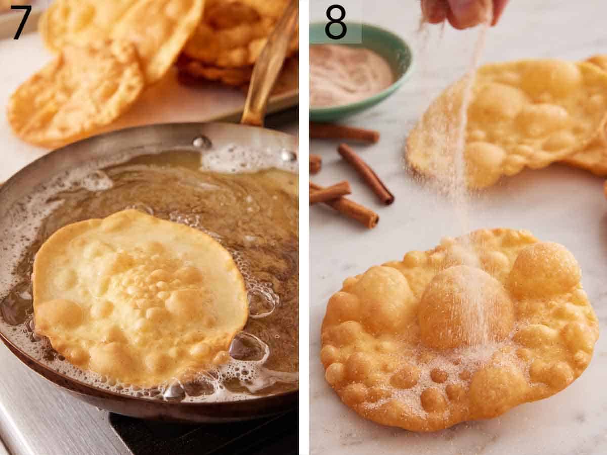 Set of two photos showing dough fried into a skillet of oil and topped with cinnamon sugar.