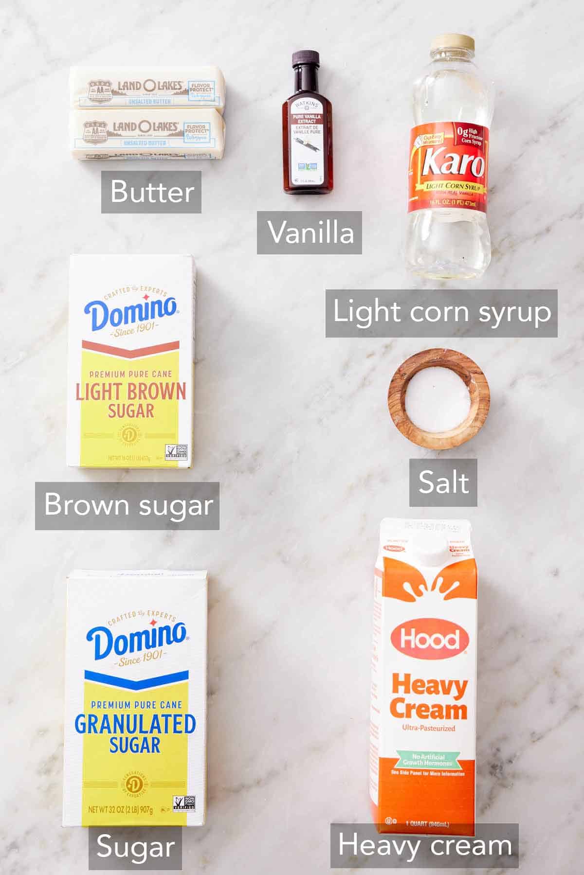 Ingredients needed to make caramels.