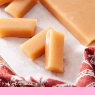 Pinterest graphic of pieces of caramels cut from the main piece.