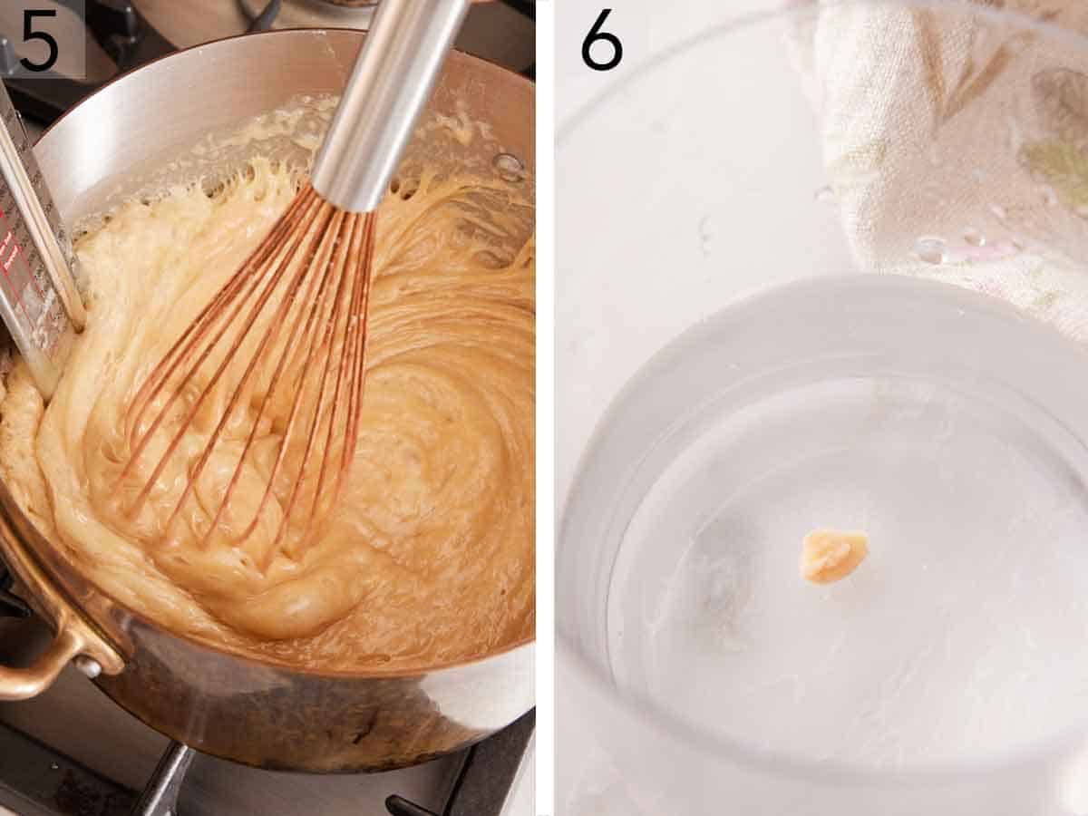 Set of two photos showing caramel simmering up to temperature and a water test being performed.