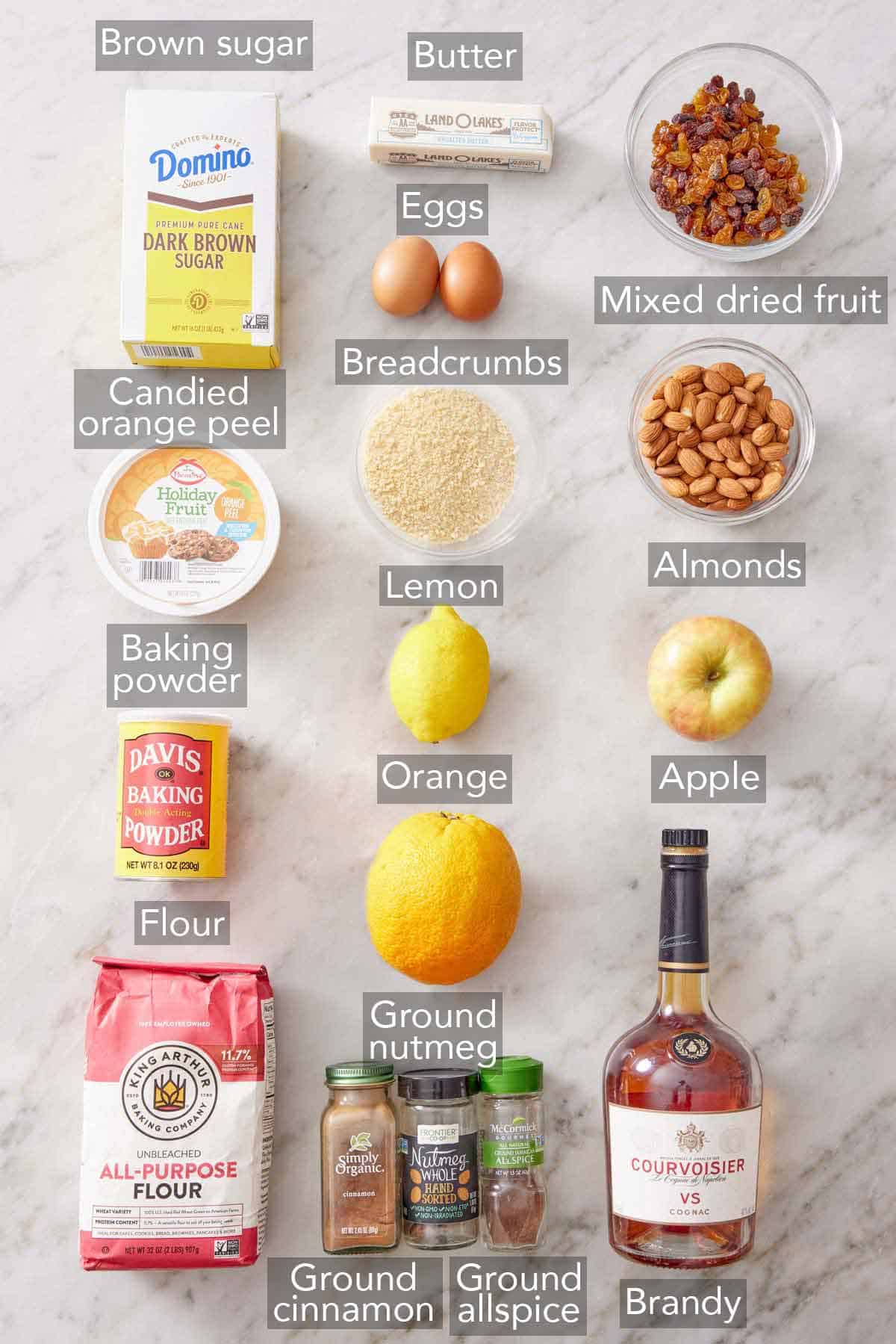 Ingredients needed to make Christmas pudding.