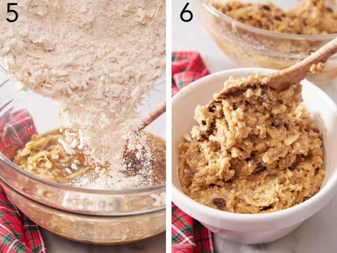 Set of two photos showing dry ingredients added to the fruit mixture and everything spooned into a pudding mold.