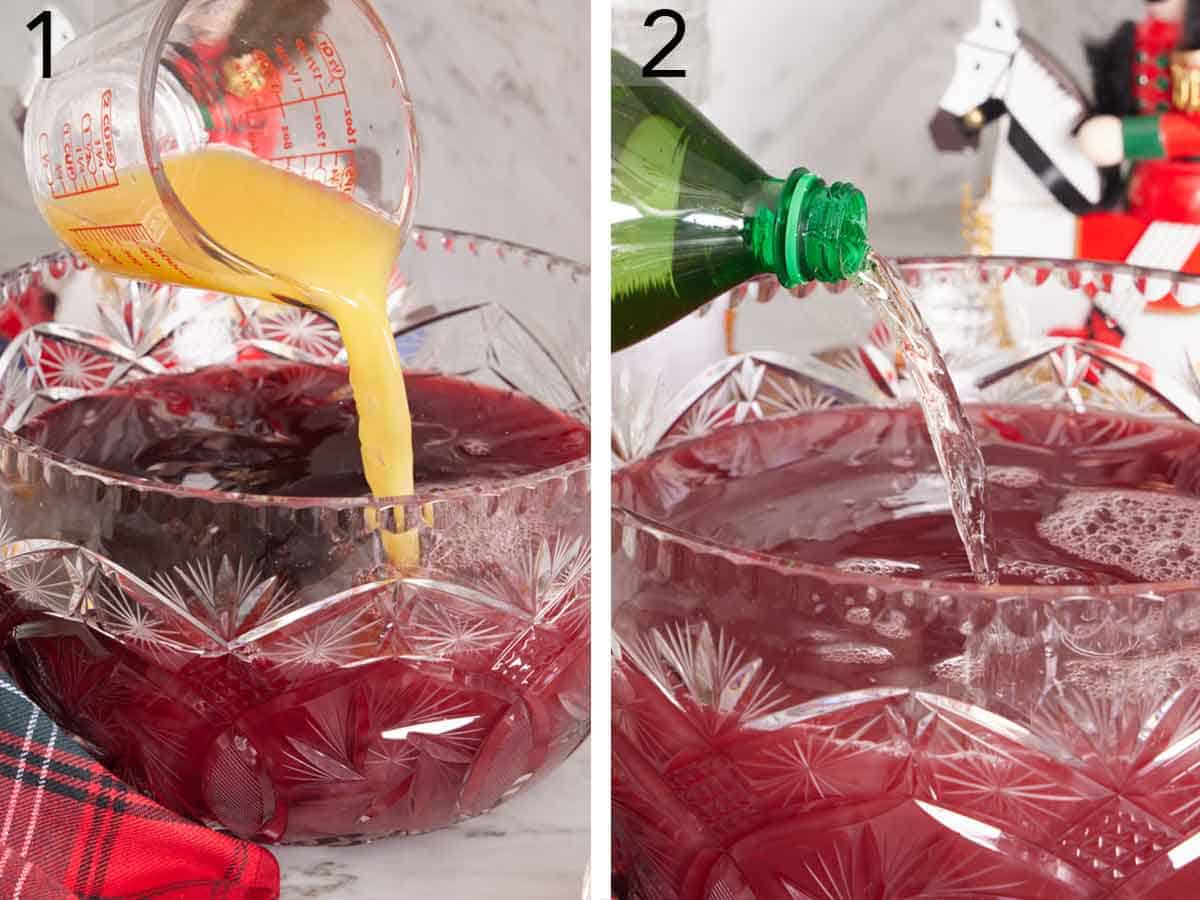 Set of two photos showing orange juice and gingerale added to a bowl.