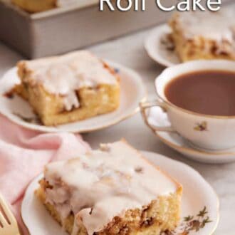 Pinterest graphic of multiple plates with sliced cinnamon roll cake with a mug of coffee.