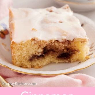 Pinterest graphic of a square slice of cinnamon roll cake on a plate.