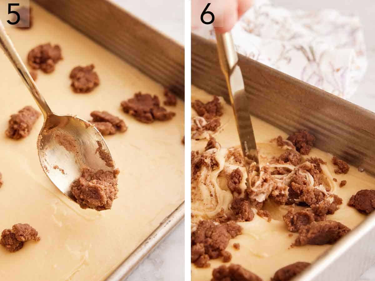 Set of two photos showing the brown sugar mixture spooned over the batter and stirred.