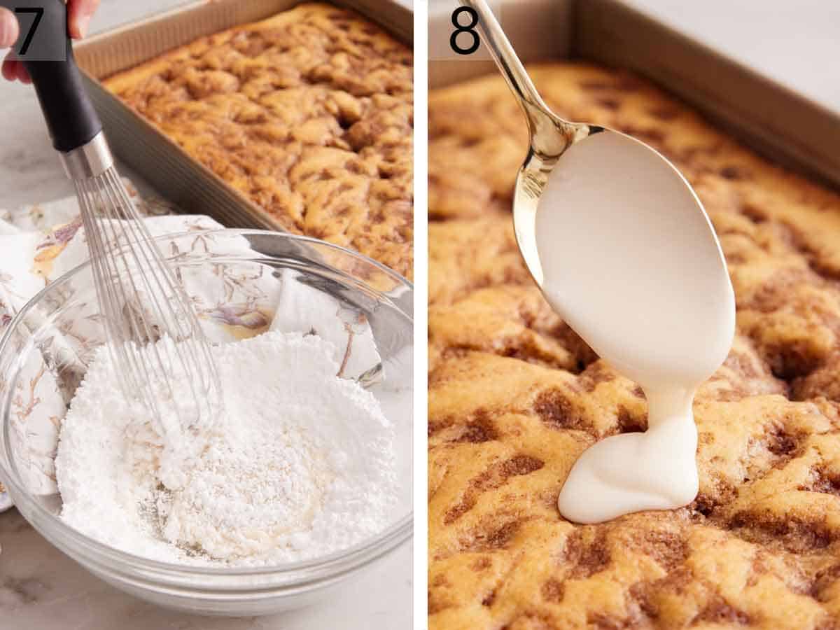 Set of two photos showing icing whisked and spooned over the cake.