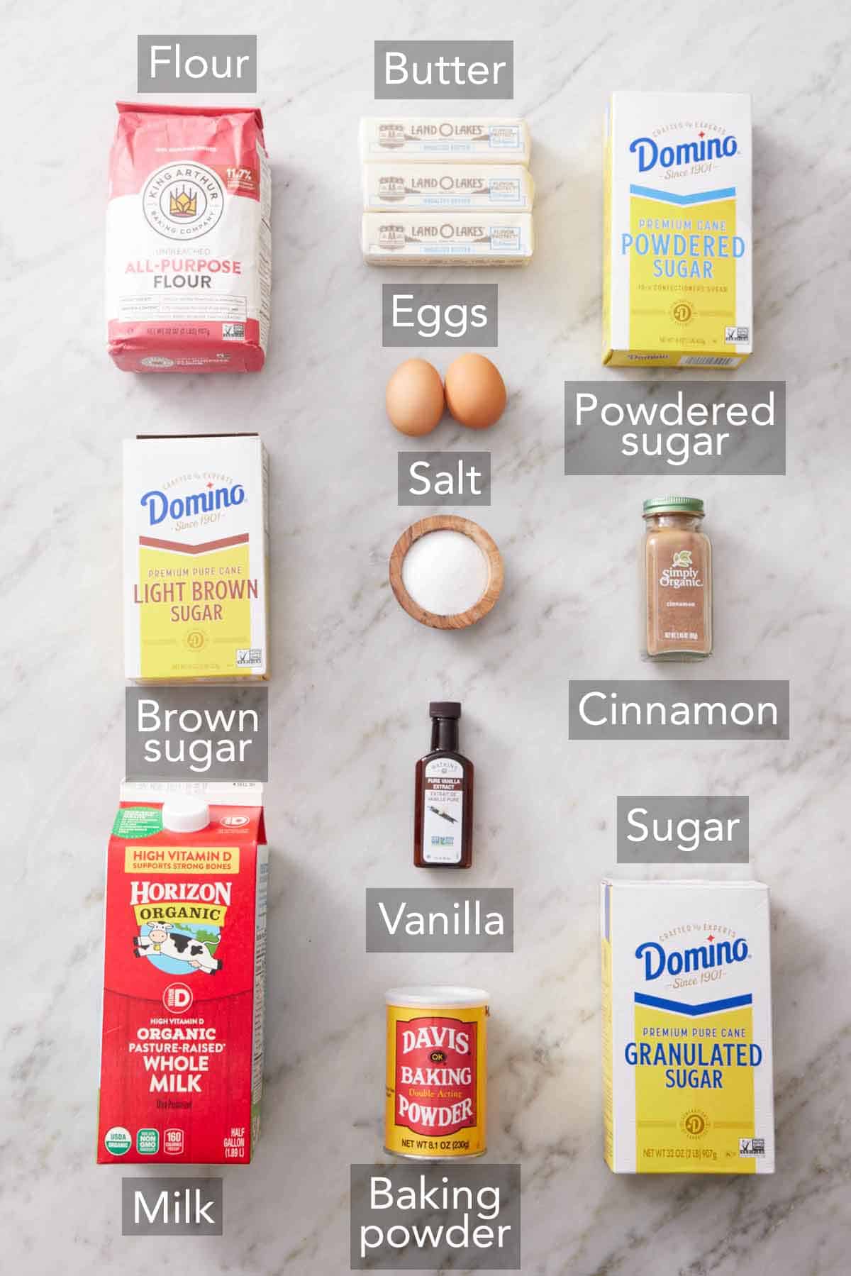 Ingredients needed to make cinnamon roll cookies.