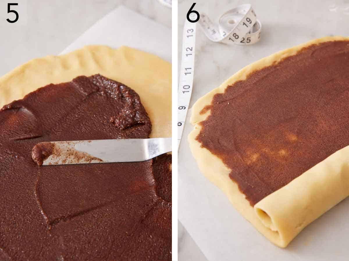 Set of two photos showing cinnamon sugar mixture spread over rolled roll and rolled into a log.