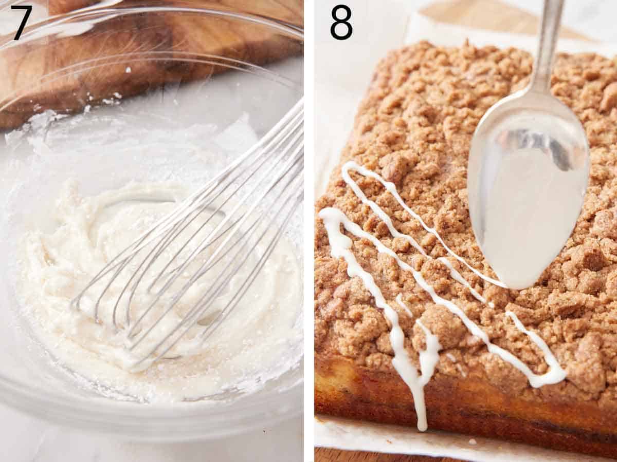 Set of two photos showing glaze whisked and drizzled over the cake.