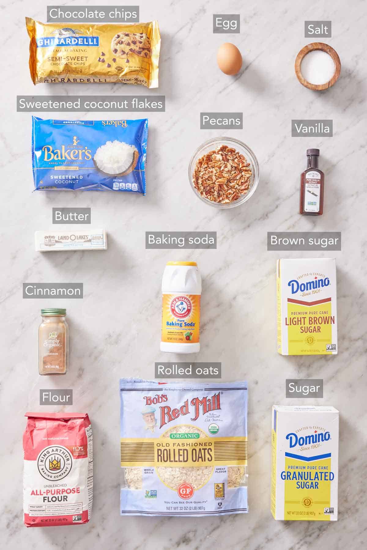 Ingredients needed to make cowboy cookies.