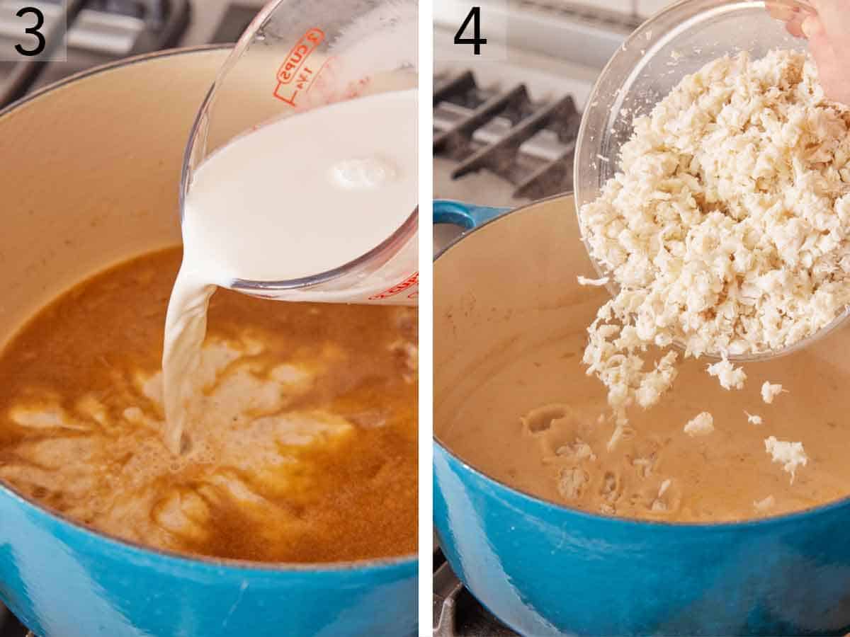 Set of two photos showing half and half and crab meat added to the pot.