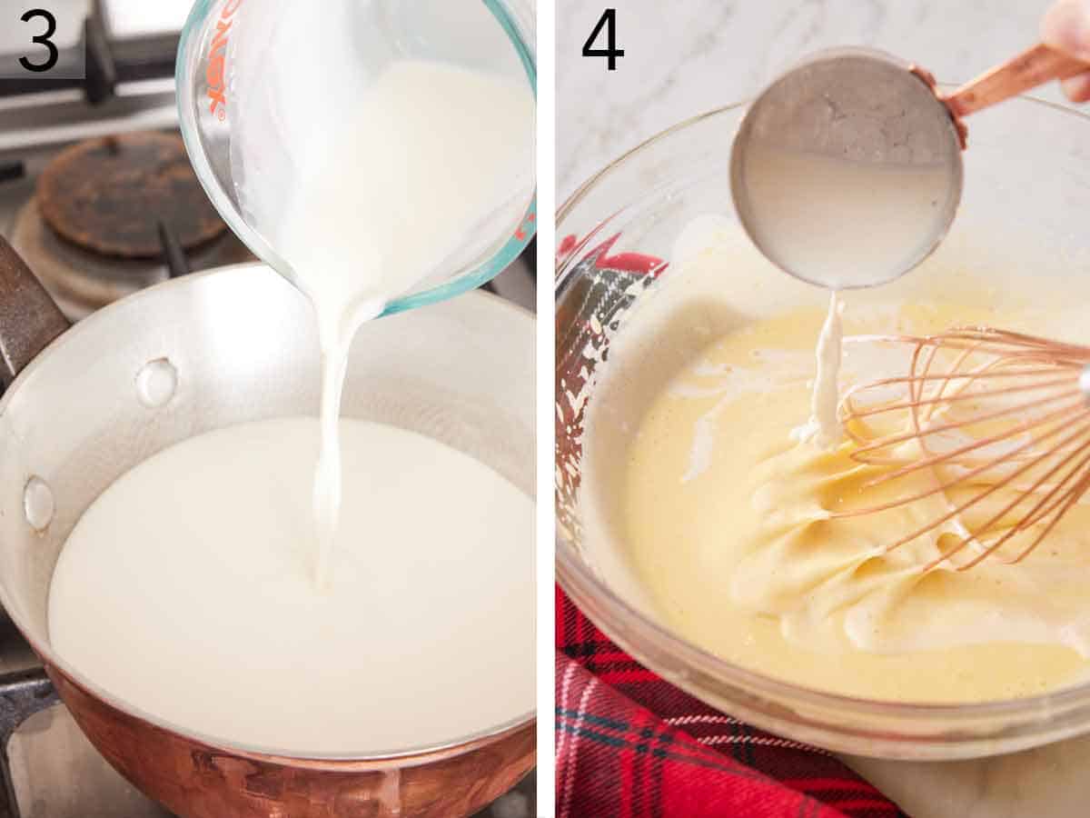 Set of two photos showing milk added to a sauce pan and then the milk mixture whisked into the egg mixture.