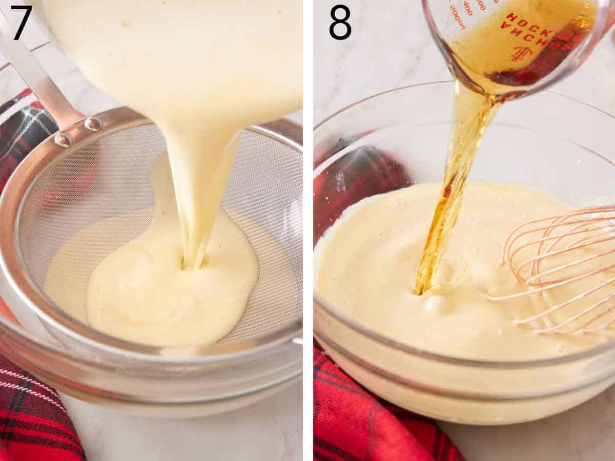 Set of two photos showing the mixture strained through a mesh strainer then bourbon added.