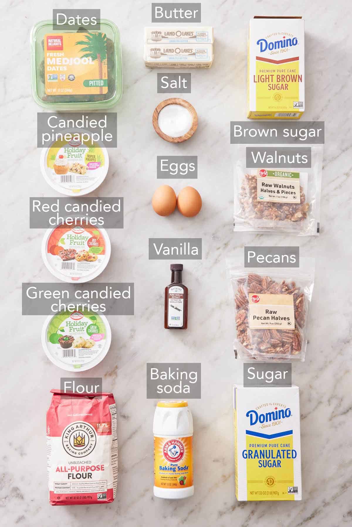 Ingredients needed to make fruitcake cookies.