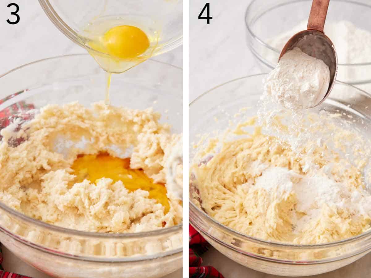Set of two photos showing egg and dry ingredients added to the bowl of butter.