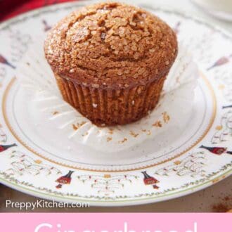 Pinterest graphic of a gingerbread muffin on a plate with the paper liner pulled off.