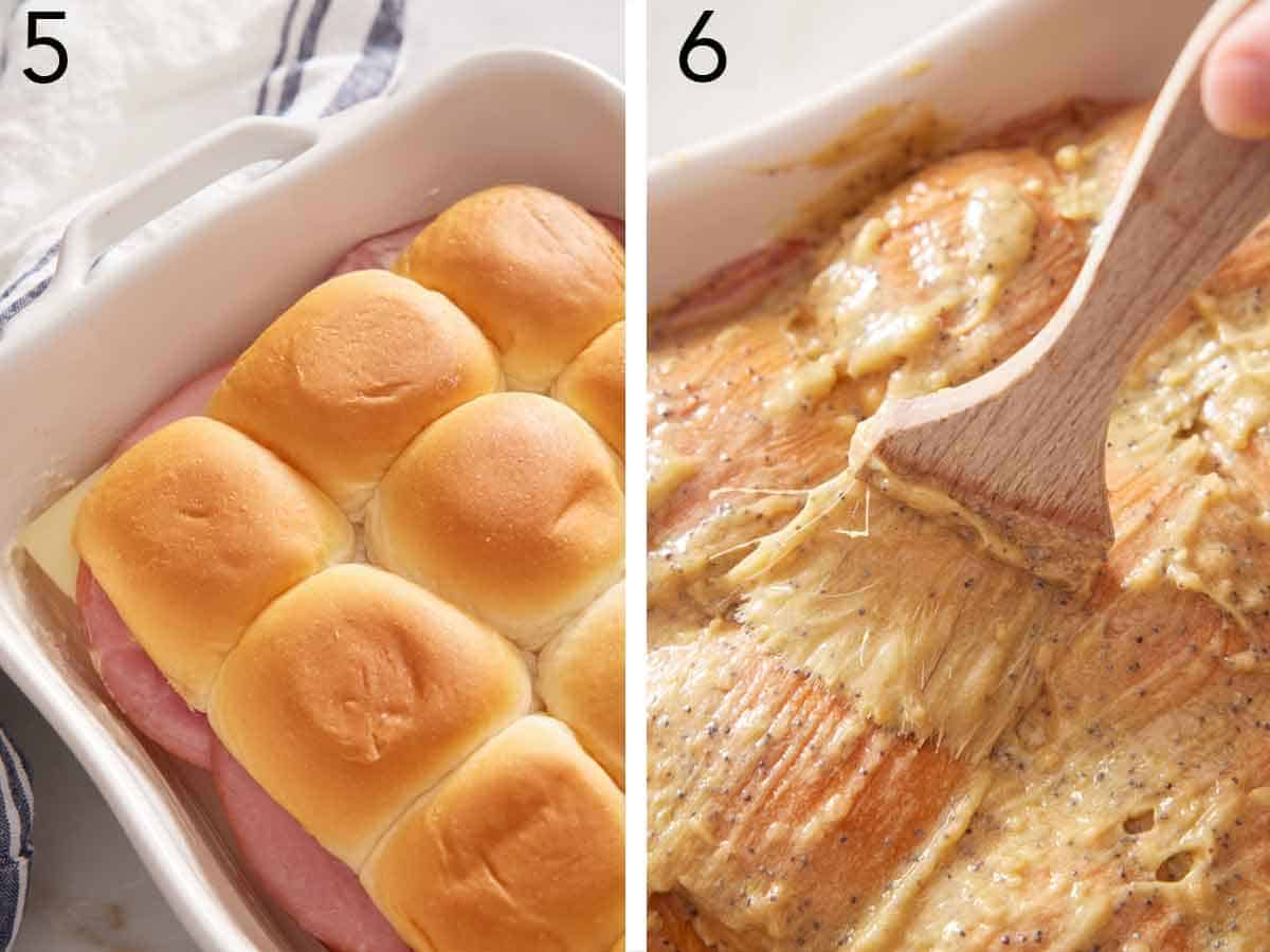 Set of two photos showing the sliders topped off with the top half of the bread and brushed with the butter mixture.