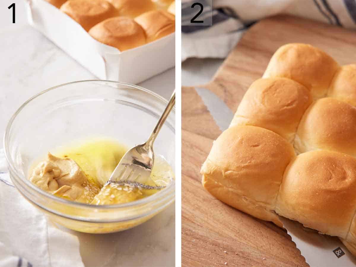 Set of two photos showing melted butter, mustard, and Worcestershire sauce whisked together in a bowl and Hawaiian sweet rolls sliced in half.