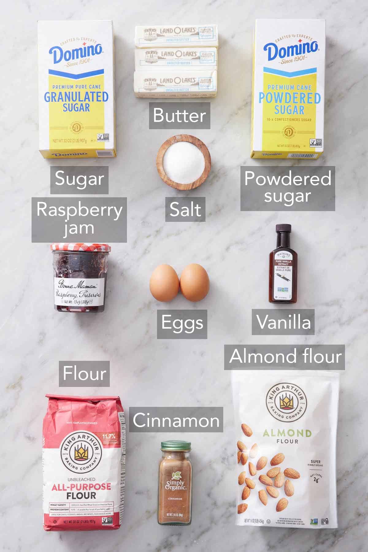 Ingredients needed to make linzer cookies.