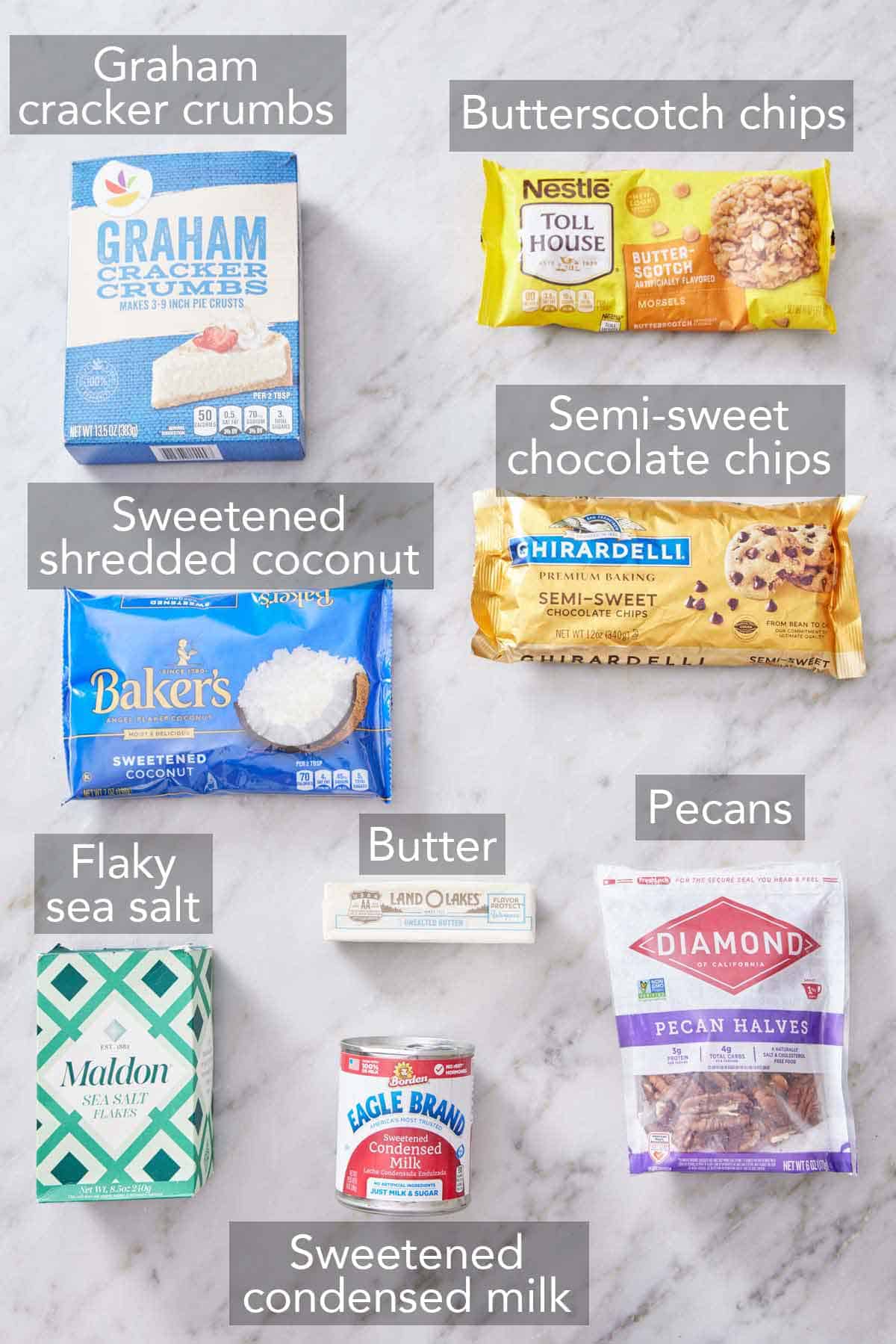 Ingredients needed to make magic cookie bars.