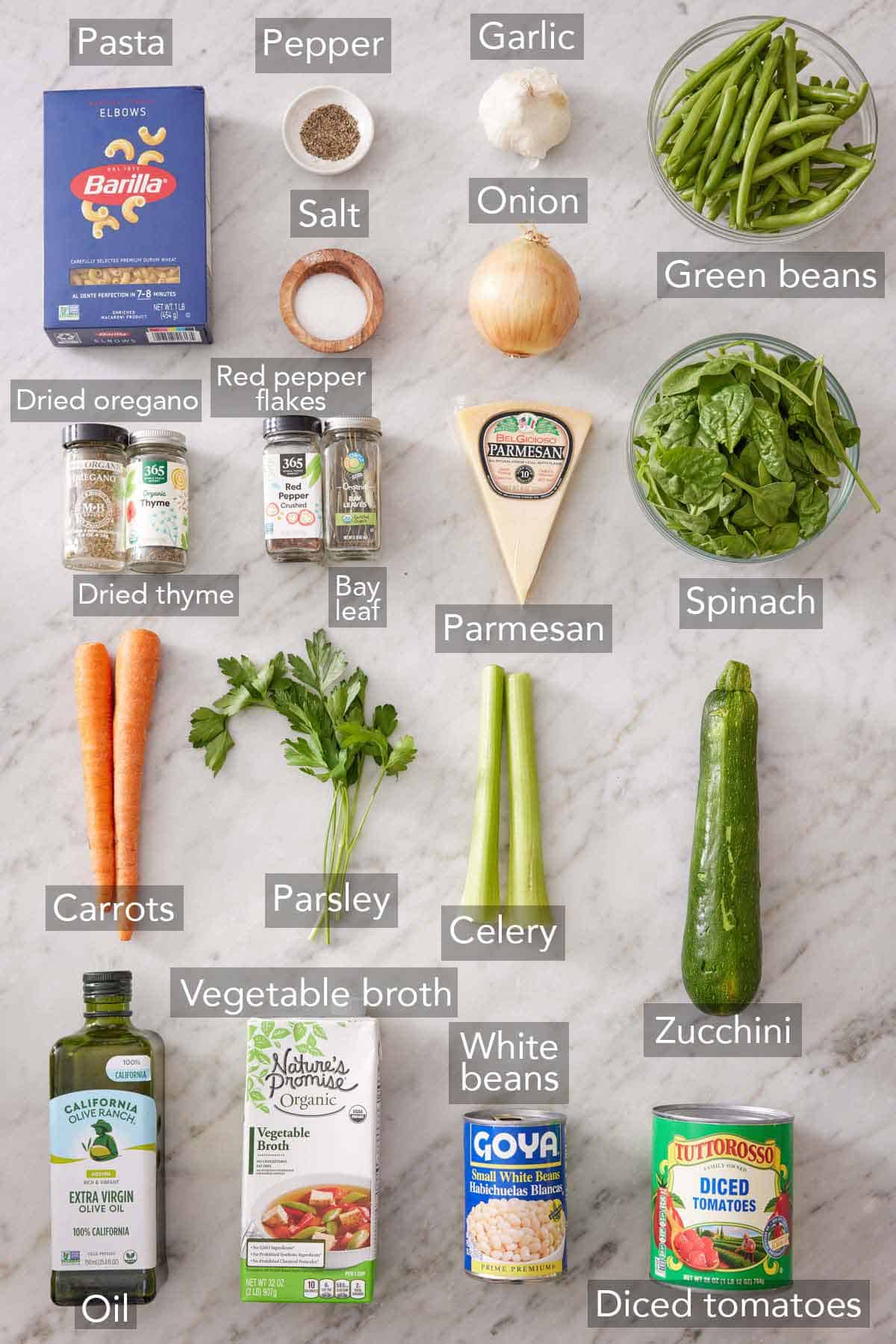 Ingredients needed to make minestrone soup.